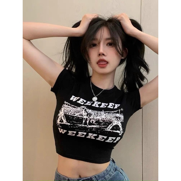 Áo Croptop Ôm Body Cổ Tròn Tay Ngắn In Chữ WEEKEEP TONGKHOSI