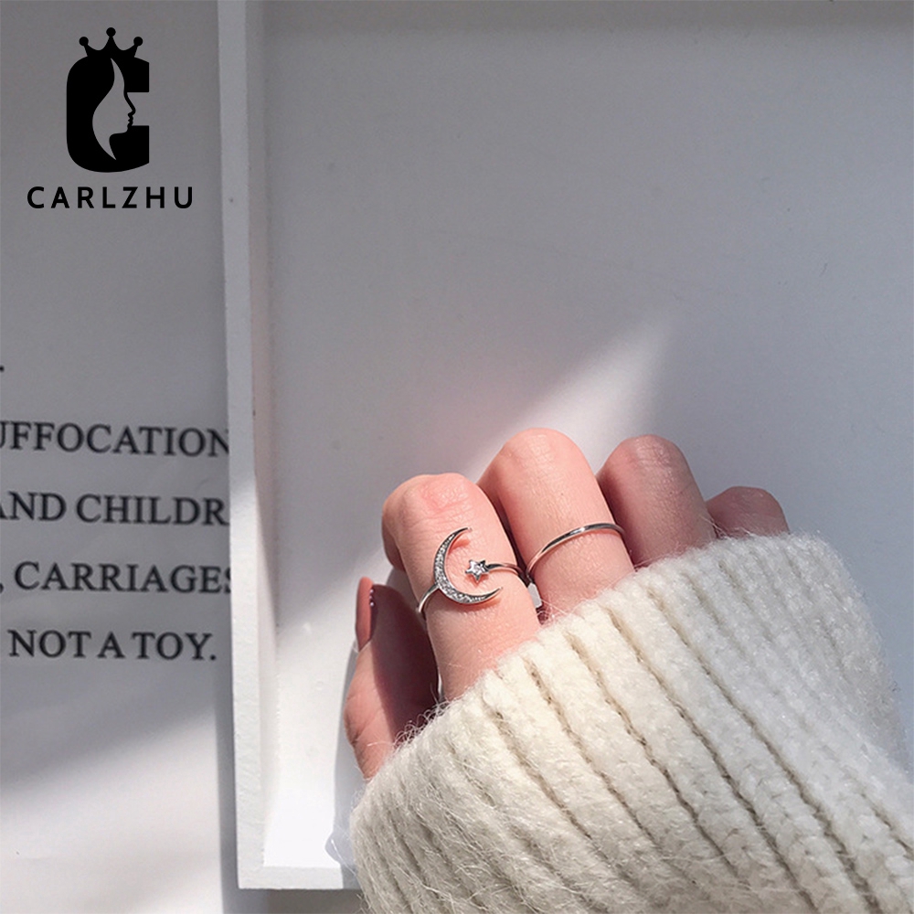 Nhẫn đeo ngón tay bằng kim loại mặt hình ngôi sao và mặt trăng khảm đá thời trang cho nữ