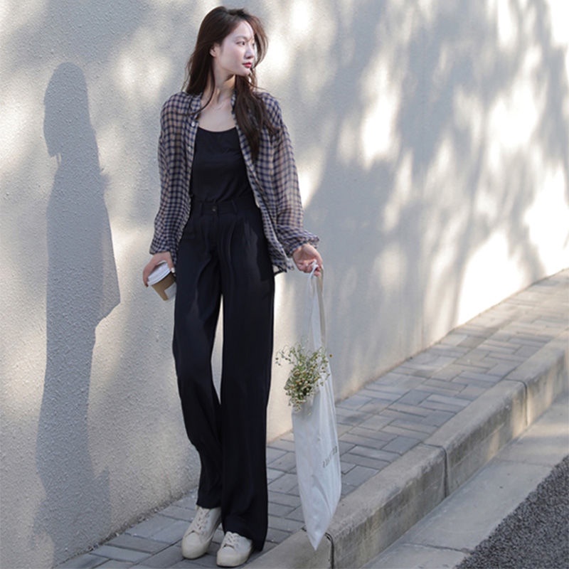 Áo sơ mi IELGY vải mỏng kẻ sọc caro màu xanh lam thời trang mùa hè cho nữ