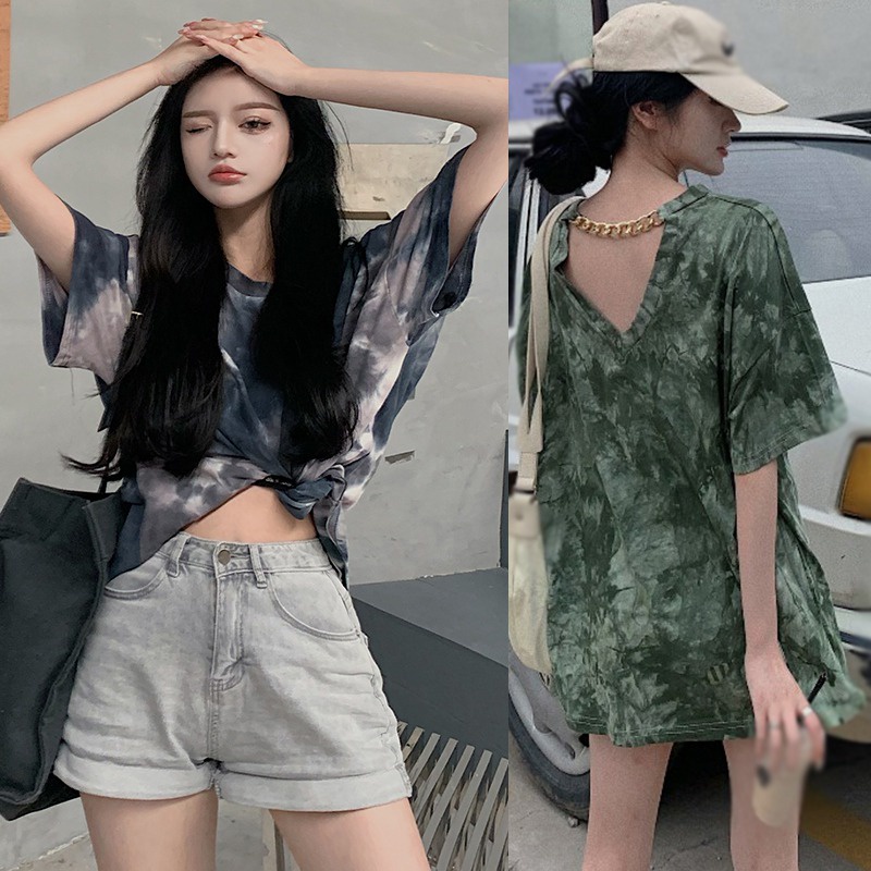 Áo thun tay ngắn dáng rộng màu nhuộm loang thời trang nữ