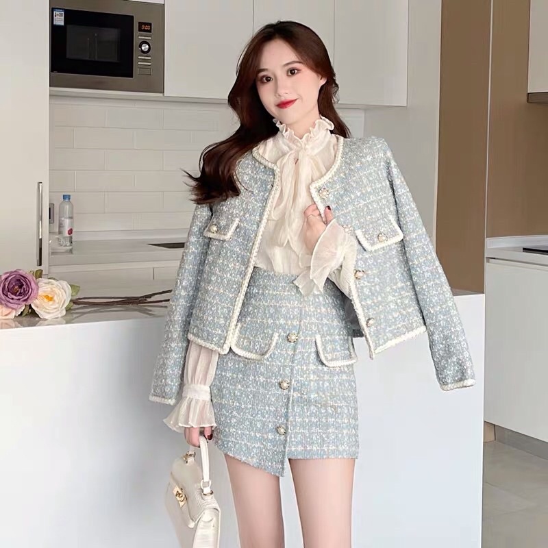 Sét Dạ Tweed Xinh, Áo Khoác Dạ Kèm Chân Váy