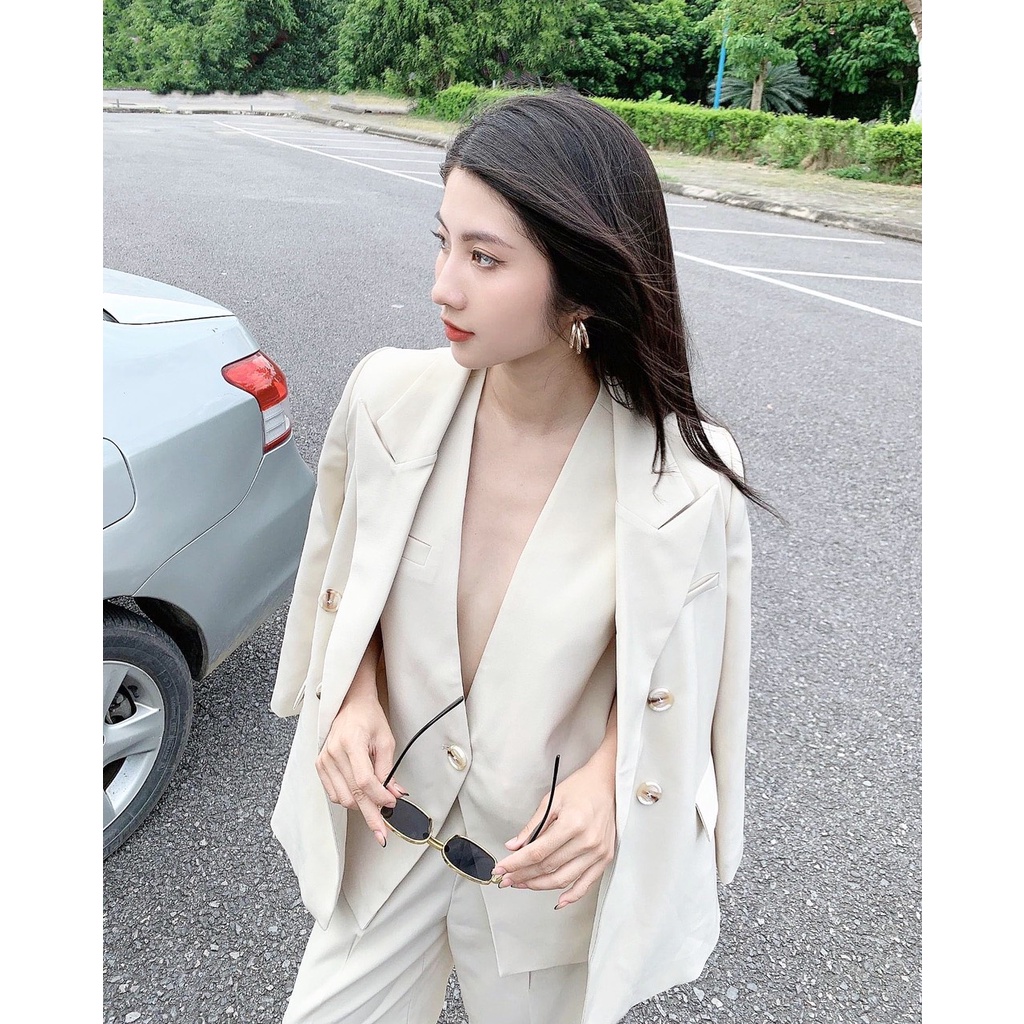 Set Suit 2 Khuy Dài Tay ONMIX Beige, Vải Tuytsi Hàn Cao Cấp