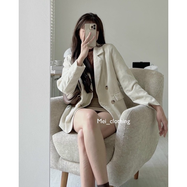 Áo khoác Blazer Nhung Tăm 2 lớp phong cách Hàn Quốc