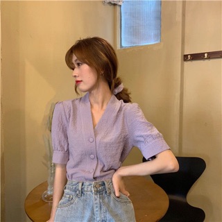 [Order] áo sơmi cổ V nút bọc ulzzang