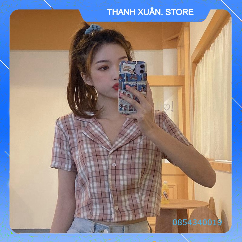 ÁO SƠ MI CROPTOP TAY NGẮN KẺ SỌC CARO THỜI TRANG CHO NỮ - CROPTOP CARO KẺ TÍM ĐEN ĐỎ HỒNG VÀNG XANH 👗 💝 - TXShop