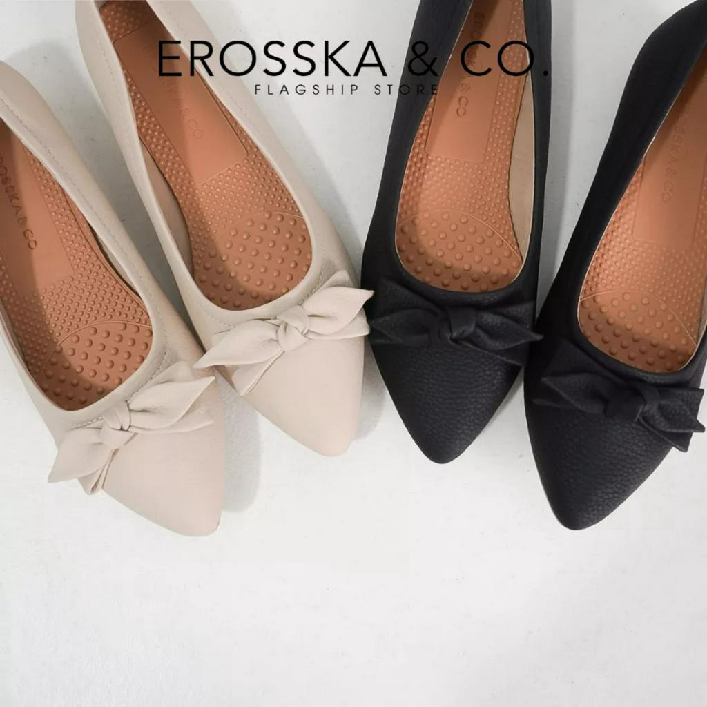 Erosska - Giày búp bê nữ đế bệt mũi nhọn đính nơ xinh xắn màu kem _ EF016 -