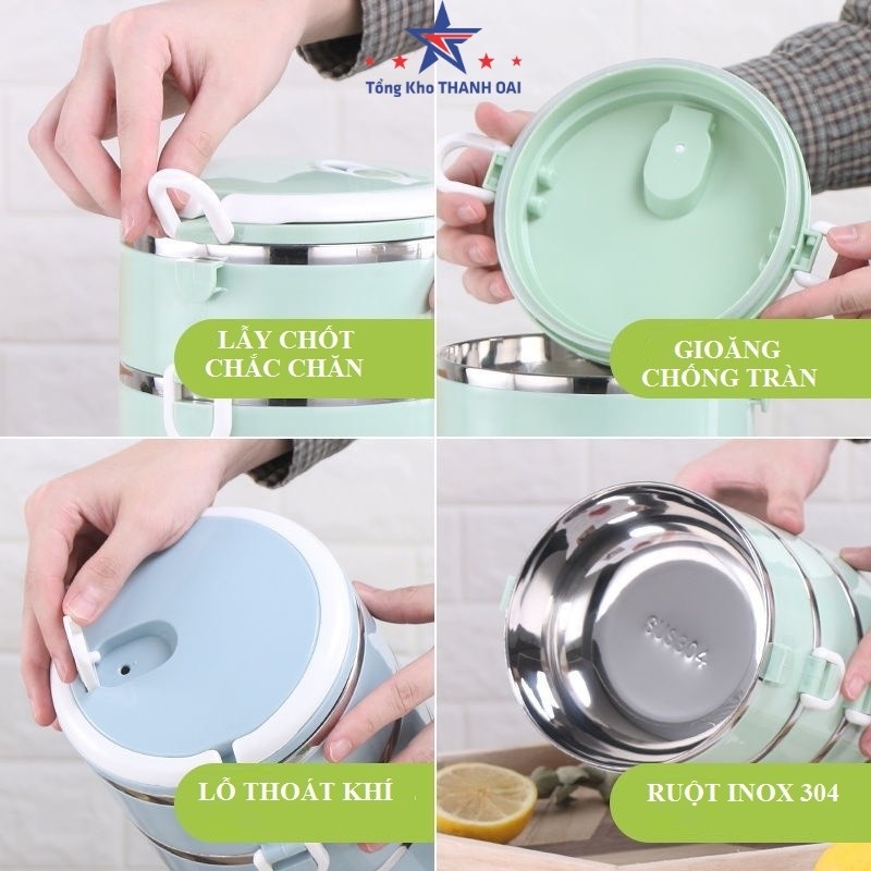 [Mã LIFEHLSALE2 giảm 10% đơn 0Đ] Hộp Đựng Cơm Cặp Lồng Cơm Giữ Nhiệt Lúa Mạch Ruột Inox Chất Lượng Số 1