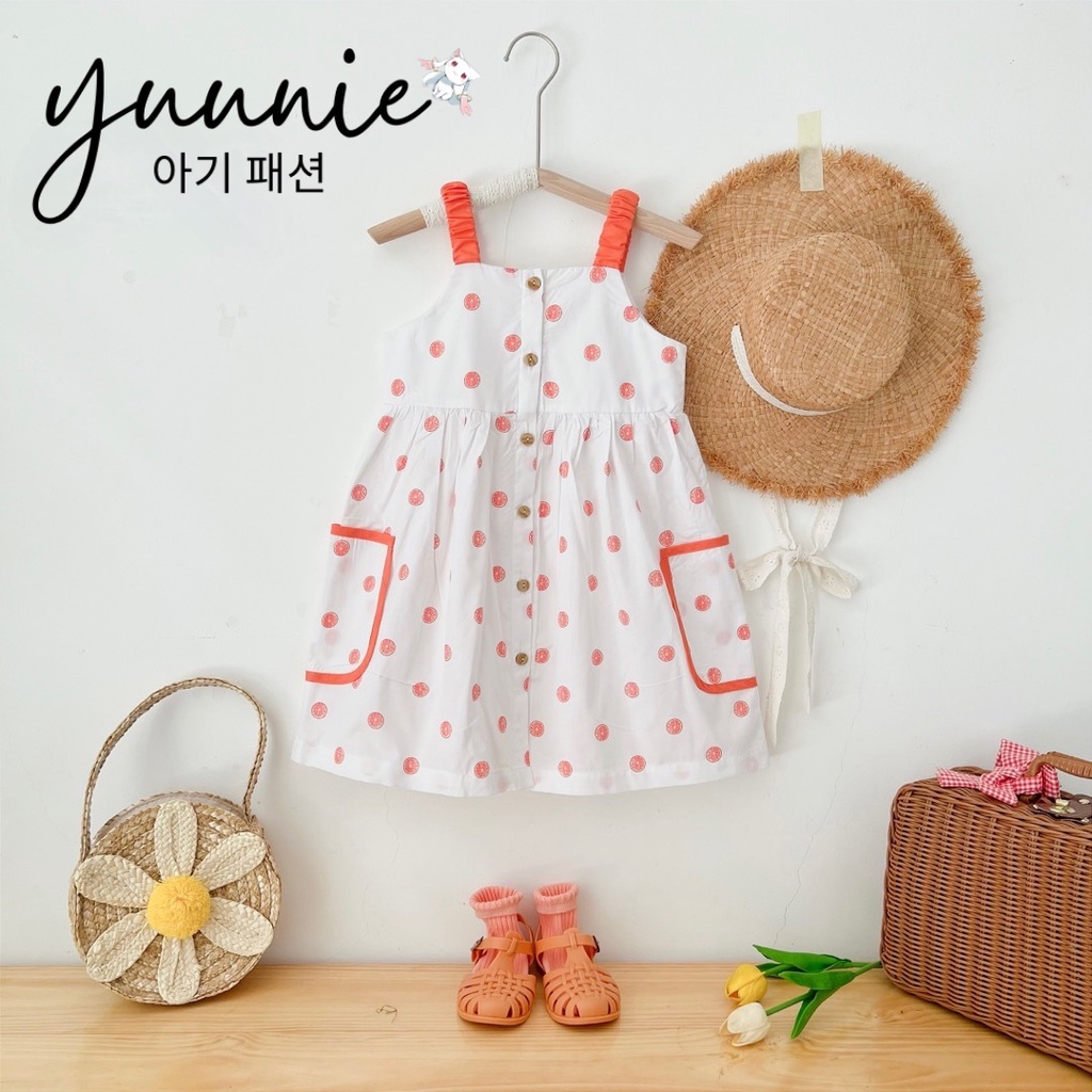 Váy bé gái YUUNIE trắng 2 dây bản vai túi viền cho trẻ em 3,4,5,6,7,8,9,10 tuổi