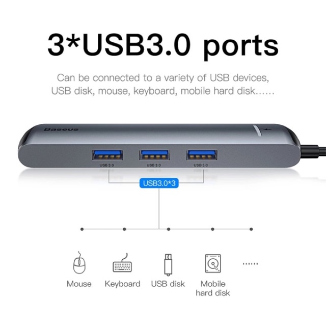 Hub chuyển Baseus Mechanical Eye 6 in 1 Smart Hub (Type C to 3x USB 3.0, HDMI 4K, LAN RJ-45, Type C PD)