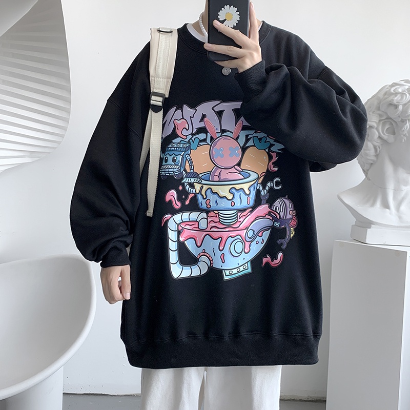 Áo thun tay dài cổ tròn dáng rộng in họa tiết graffiti phong cách hip hop Hồng Kông thời trang xuân thu dành cho nam