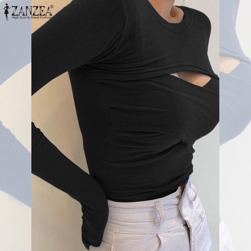 Áo ZANZEA dài tay dáng ôm màu trơn khoét lỗ phong cách Châu Âu thời trang cho nữ