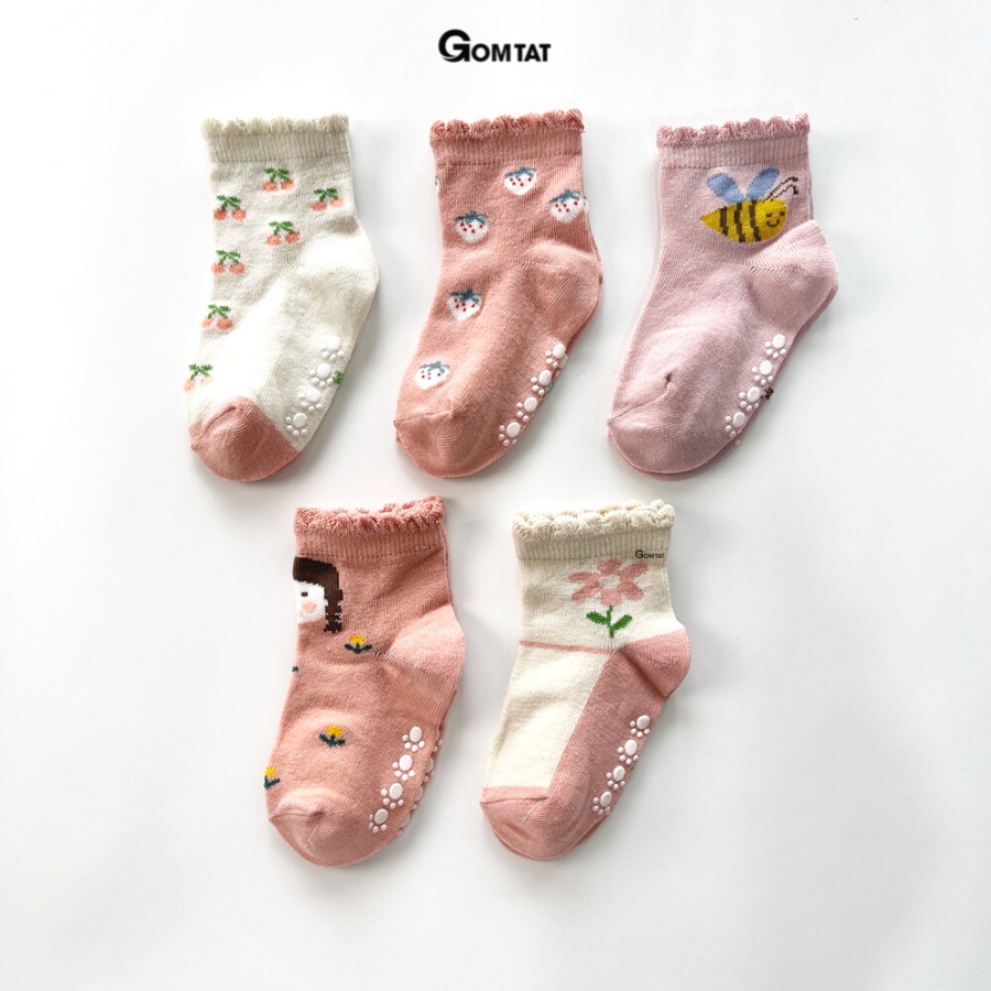 Set 5 đôi tất cho bé gái GOMTAT chống trượt, chất liệu cotton cao cấp mềm mại, màu hồng dễ thương - LISU-TREEM-NU03