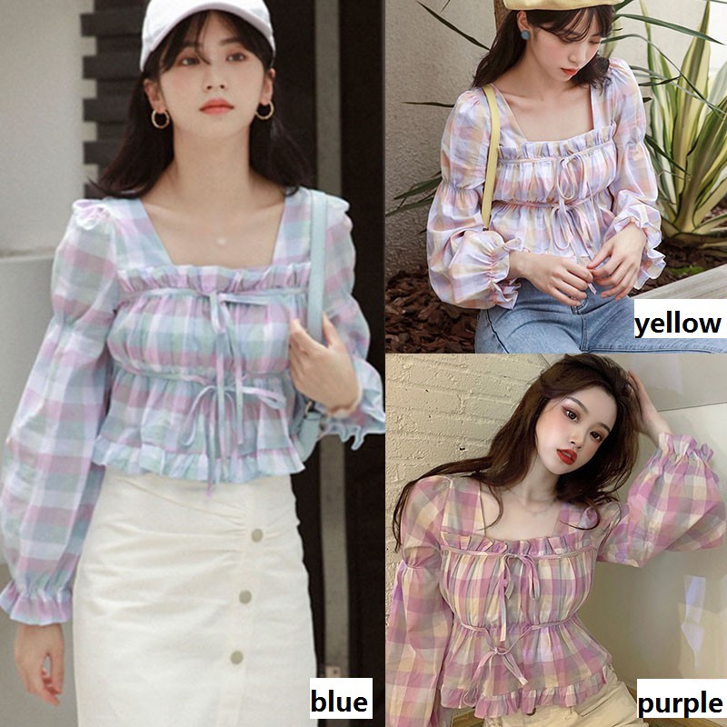 Áo Nữ Tay Dài Cổ Vuông Họa Tiết Caro Thời Trang Quyến Rũ | BigBuy360 - bigbuy360.vn