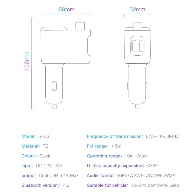 Tẩu Sạc Ô Tô Baseus S06 Bluetooth V4.2, Dual USB, Kết Nối MP3 FM, Gọi Điện Rảnh Tay - Toplink