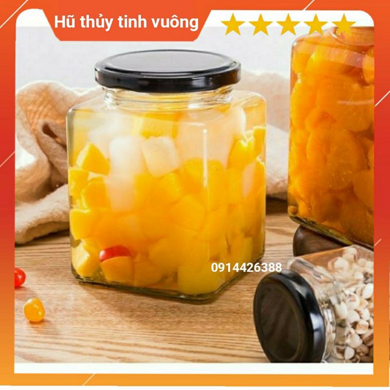 Lọ thủy tinh vuông 500ml 730ml nắp kim loại chống tràn đen