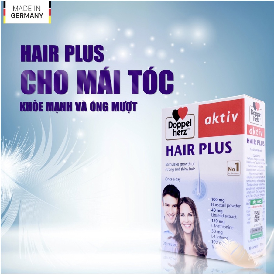 Viên Uống Giảm Rụng Tóc, Kích Thích Mọc Tóc Doppelherz Aktiv Hair Plus Nuôi Dưỡng Mái Tóc Dày &amp; Chắc Khỏe (Hộp 30 Viên)