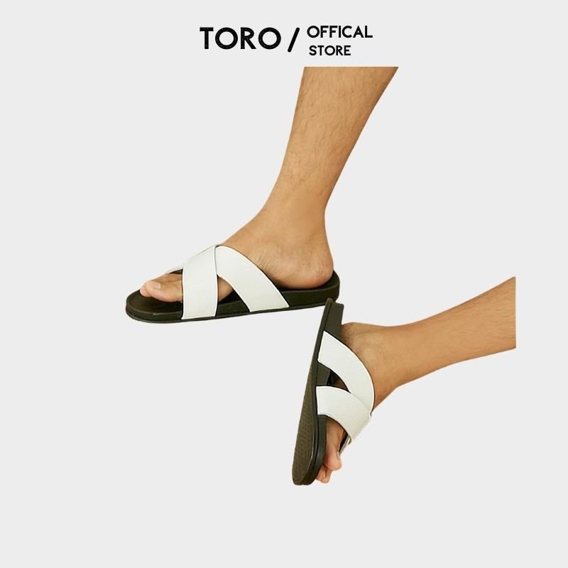 Dép da nam nữ  quai chéo Toro chất liệu da bò cao cấp , màu trắng đế cao su non T01