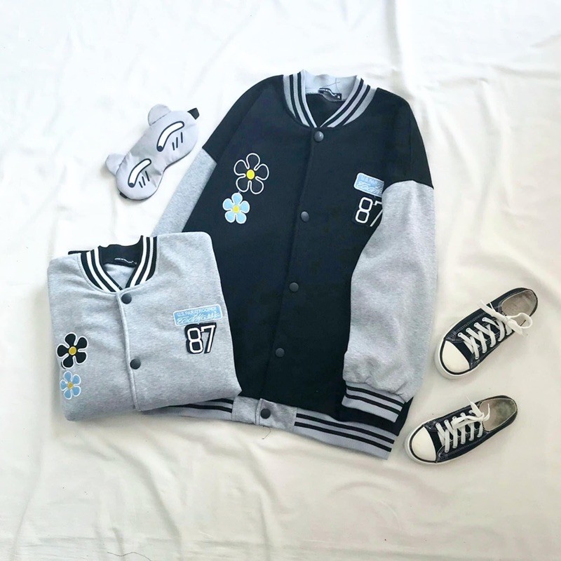 Áo Khoác Bomber Nỉ Bông Nút Bấm Hoa Cúc Ảnh Thật