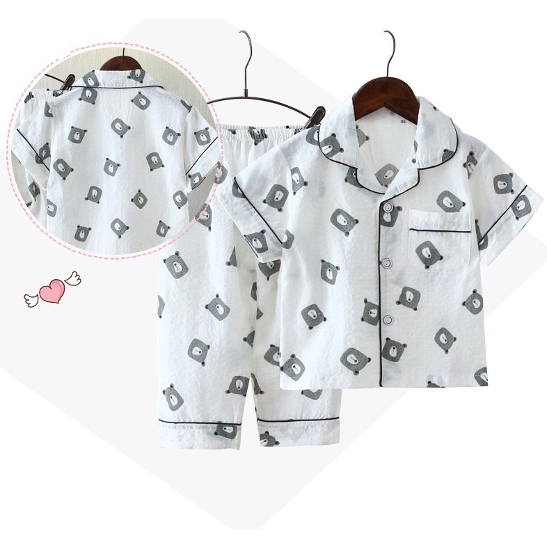 Bộ Pijama Cộc Tay Quần Dài Chất Đũi Xốp Bé Trai, Bé Gái, Họa Tiết Đáng Yêu, Đồ Bộ Trẻ Em Mặc Nhà (V458)