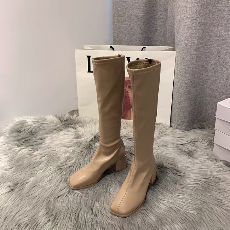Giày bốt đùi da lót lông cao cấp, giày boot cao gót đế vuông thời trang 2022 dành cho nữ phong cách sang chảnh