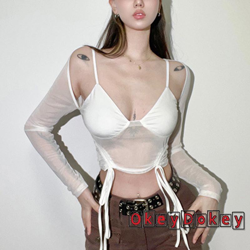 Áo Croptop Tay Dài Phối Lưới Dây Rút Thời Trang Quyến Rũ Cho Nữ