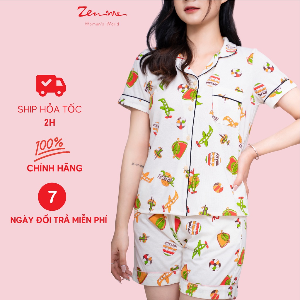 Đồ bộ mặc nhà Zen Me pijama nữ cộc tay quần đùi chất liệu chuẩn cotton họa tiết dễ thương