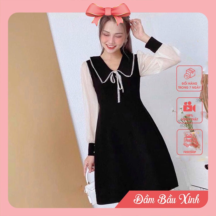 Đầm dáng dài cổ bèo thắt nơ Váy maxi suông dài tay phối voan trắng siêu xinh