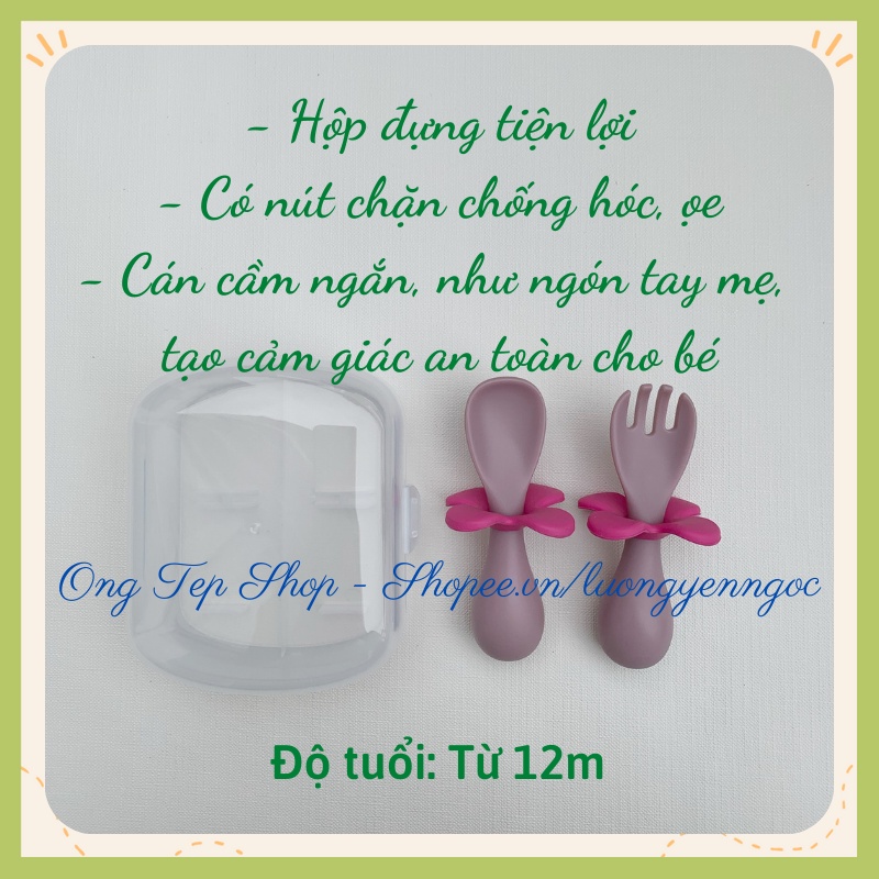 Set thìa dĩa tập xúc hỗ trợ bé ăn dặm có nút chặn hình hoa chống hóc