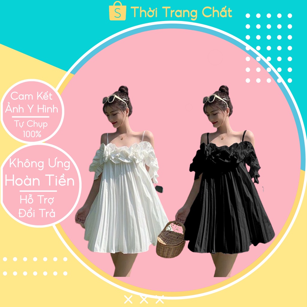 Váy Nữ Trễ Vai Kèm Dây Buộc Cổ Chất Liệu Đũi Mềm Mịn Không Nhăn, Đầm trắng trễ vai kiểu dáng công chúa dập ly đi dự | BigBuy360 - bigbuy360.vn