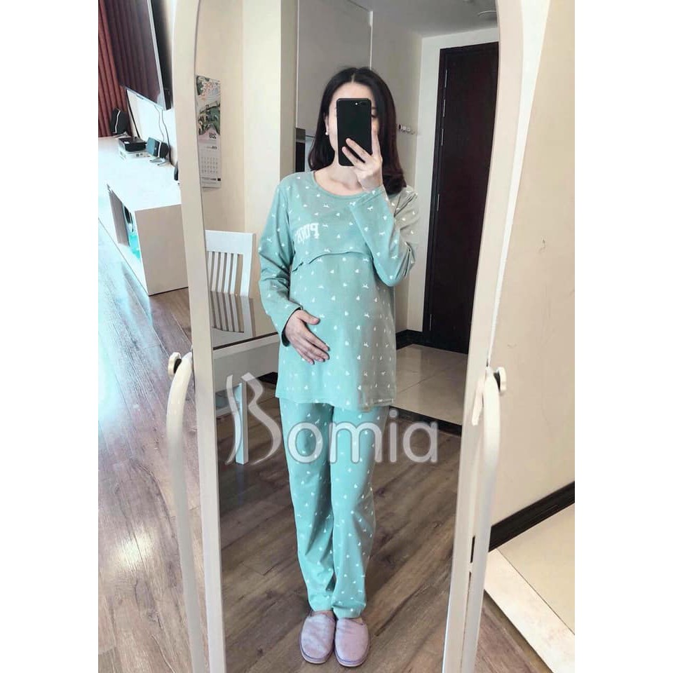 Bộ bầu và cho con bú sau sinh dài tay pink, chất cotton cao cấp cho mẹ bầu mặc nhà có nắp mở cho con bú A008