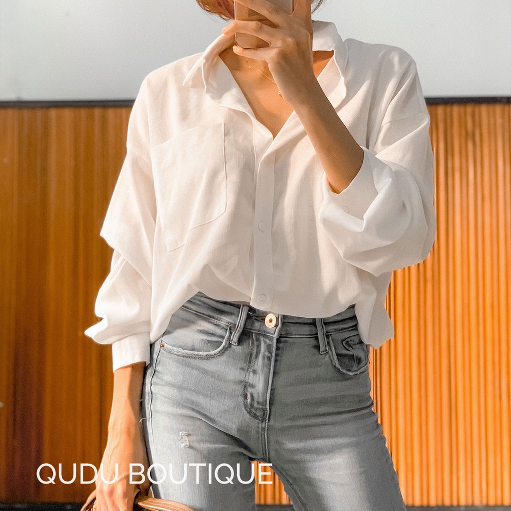 [Thiết Kế QuDu ] Áo Sơ Mi Nữ Dài Tay TRƠN Basic Unisex Dáng Rộng Trắng và Đen Kiểu Áo Sơ Mi Nữ Tay Dài Form Rộng Suông