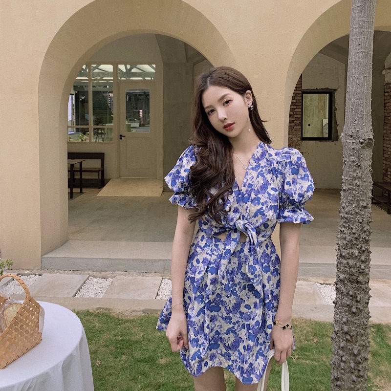 Đầm Hoa Cổ Chữ V Thiết Kế Mới Xinh Xắn Thời Trang Mùa Hè Theo Phong Cách Pháp Cho Nữ