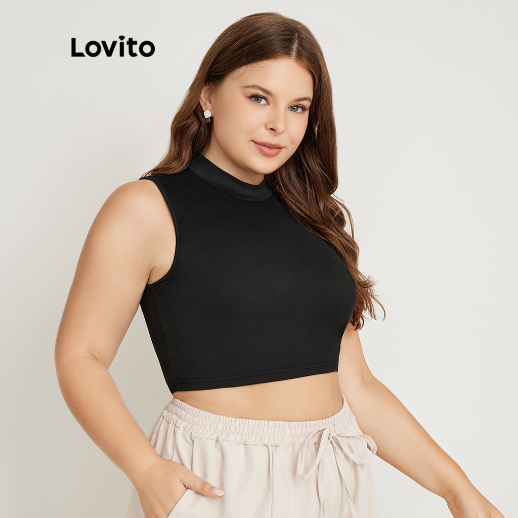 Áo sát nách Lovito plus size màu trơn phong cách thường ngày LPS02002 (màu đen)