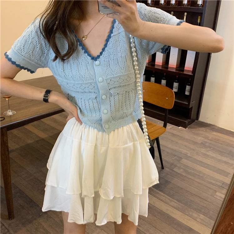 Áo Cardigan Dệt Kim Tay Ngắn Khoét Lỗ Màu Sắc Tương Phản Phong Cách Nhật Bản