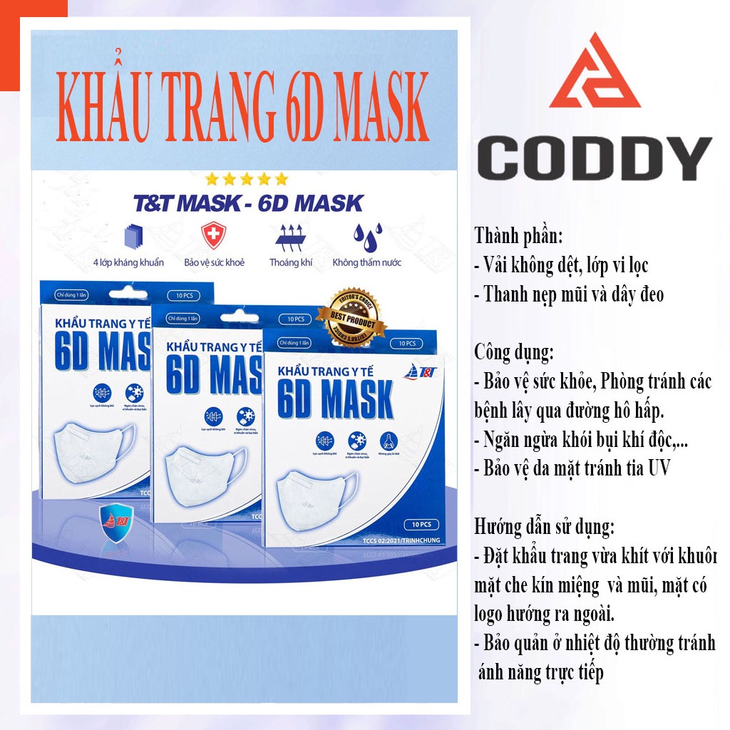 Set 50 chiếc khẩu trang y tế 6D MASK vải không dệt SMS Plus 3+, khẩu trang kháng khuẩn chính hãng T&amp;T MASK