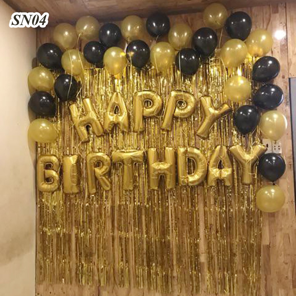 Set trang trí sinh nhật 2 rèm kim tuyến, bộ bóng chữ happy birthday, 50 bóng nhũ - Mã SN04