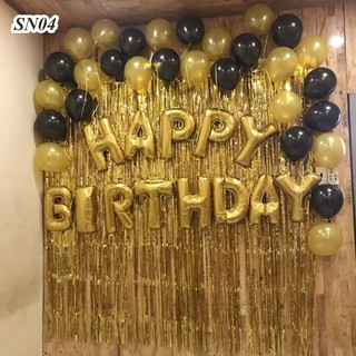 Set trang trí sinh nhật 2 rèm kim tuyến, bộ bóng chữ happy birthday, 50 bóng nhũ