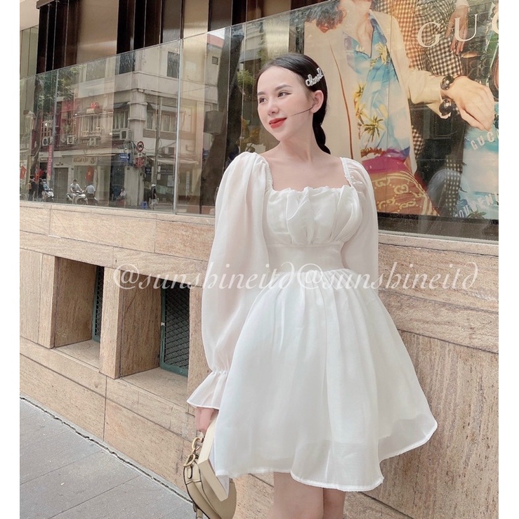 Đầm Voan Trắng Tay Dài Cột Nơ Sau Váy Hở Lưng công Chúa Tiểu Thư Kỷ Yếu Dự Tiệc