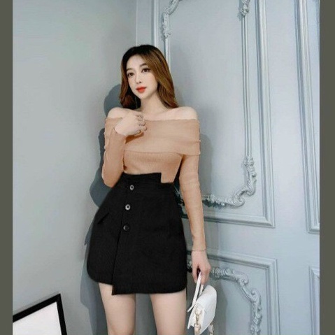 Sét Áo Trễ Vai Chất Tăm Siêu Mịn Áo Tay Dài Phối Váy For Cài Nút Thật Thời Trang Nữ Phù Hợp Mọi Phong Cách