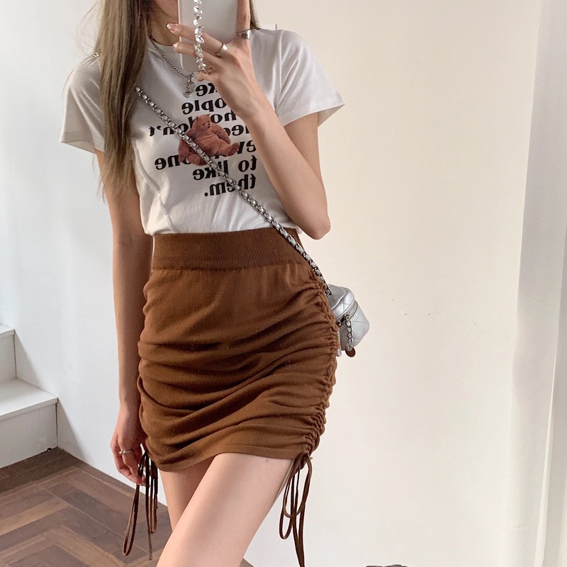 Chân Váy Dệt Kim Ngắn Lưng Cao Co Giãn Màu Sắc Trơn Phối Dây Rút Phong Cách Hàn Quốc Cho Nữ