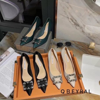 Giày cao gót nơ đá vuông mũi nhọn đen xanh be