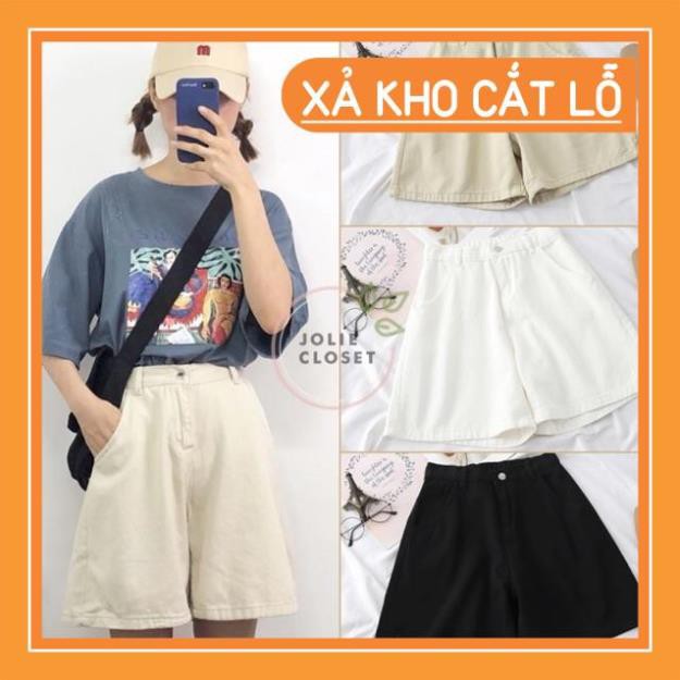 [Sale Hot] Quần Short Kaki Lửng Ulzzang Quần đùi denim ngố Ống rộng cạp cao trắng đen kem Dáng Hàn Quốc (có bigsize)