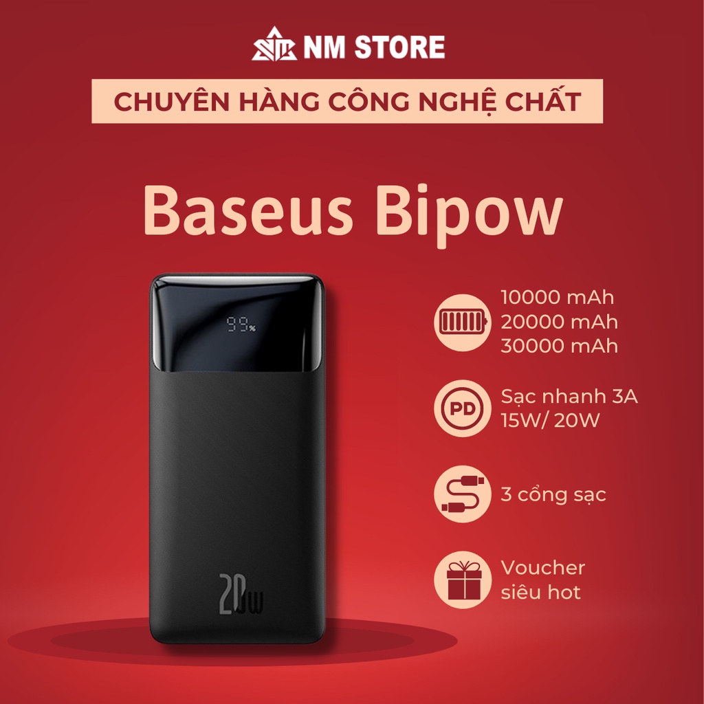 Sạc dự phòng Baseus Bipow Digital Display 10000mAh/20000mAh/30000mAh sạc nhanh 3A/PD15W/20W, Chính Hãng, Bảo Hành 1 Năm