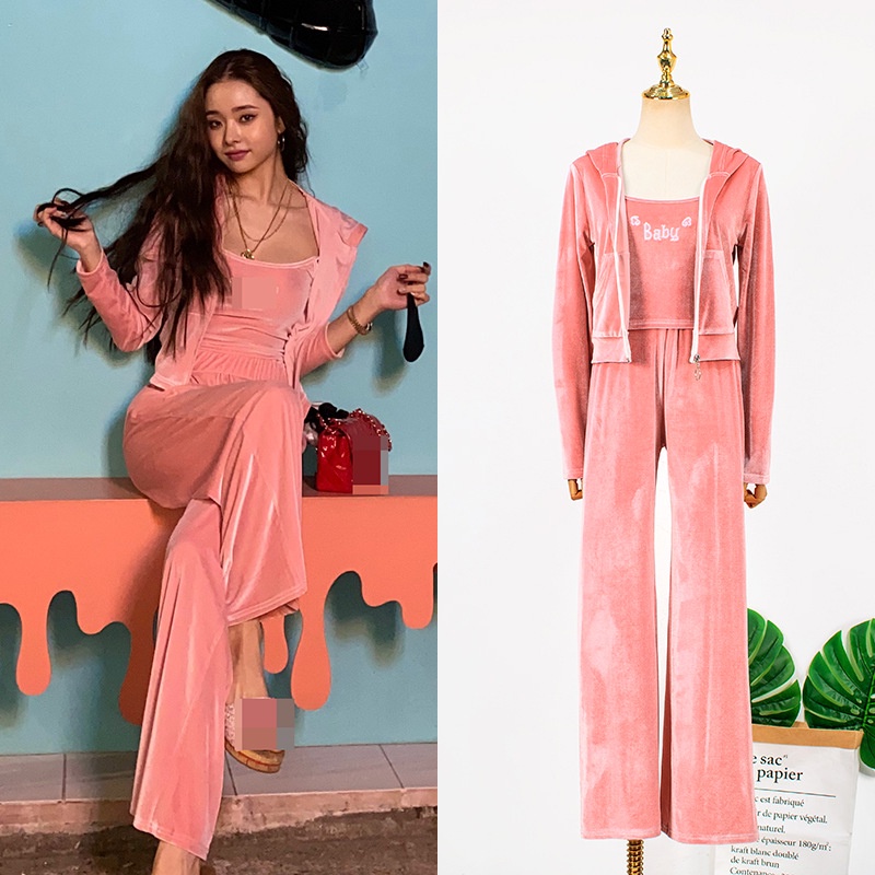 Set áo 2 dây hồng nhung croptop hở vai bụng rốn eo+áo khoác tay dài dây kéo có nón mũ trùm đầu+quần lưng thun Song Ji A