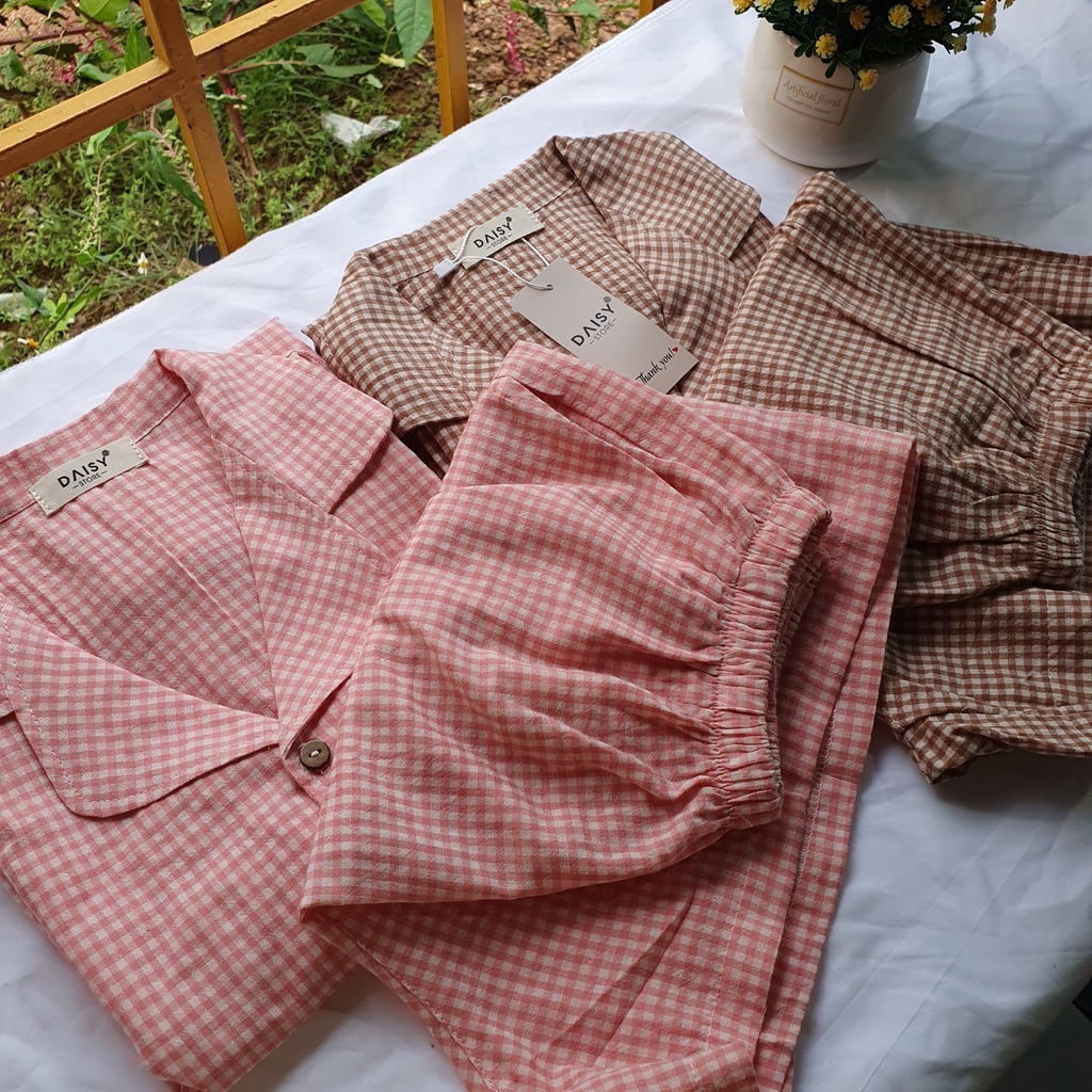 Pyjama mặc nhà xô cotton mềm mịn họa tiết caro nhí