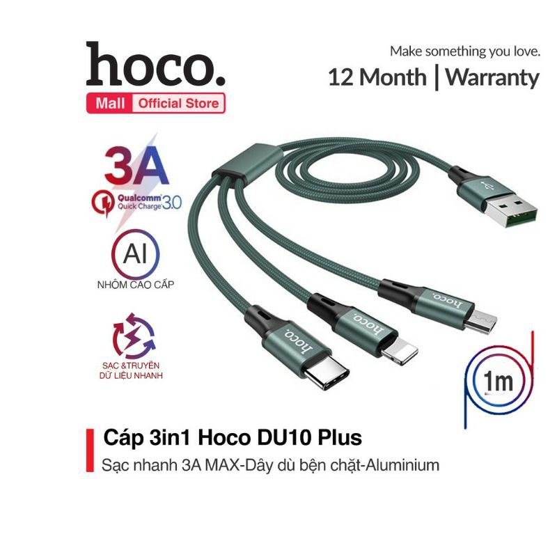 DÂY CÁP DÙ SẠC NHANH 3.0A 3IN1 HOCO DU10 PLUS. DÀI 1M