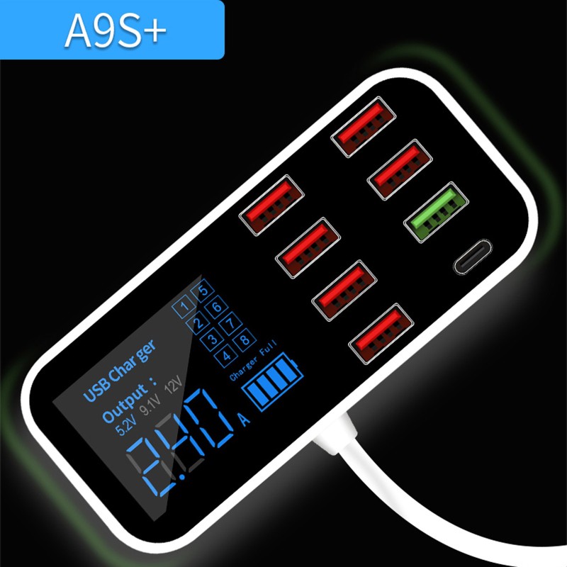 Tẩu Sạc 8 Cổng Qc3.0 Usb Type C Có Đèn Led Cho Điện Thoại Di Động, Máy Tính Bảng