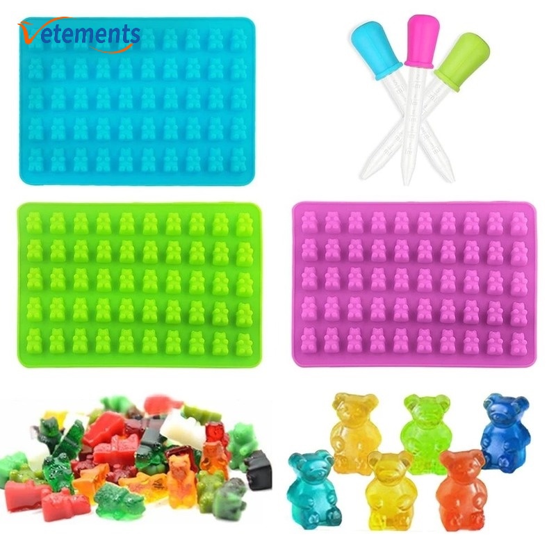 Khuôn Silicone 50 Ngăn Hình Gấu Gummy Kèm Ống Nhỏ Cho Làm Thạch Rau Câu DIY