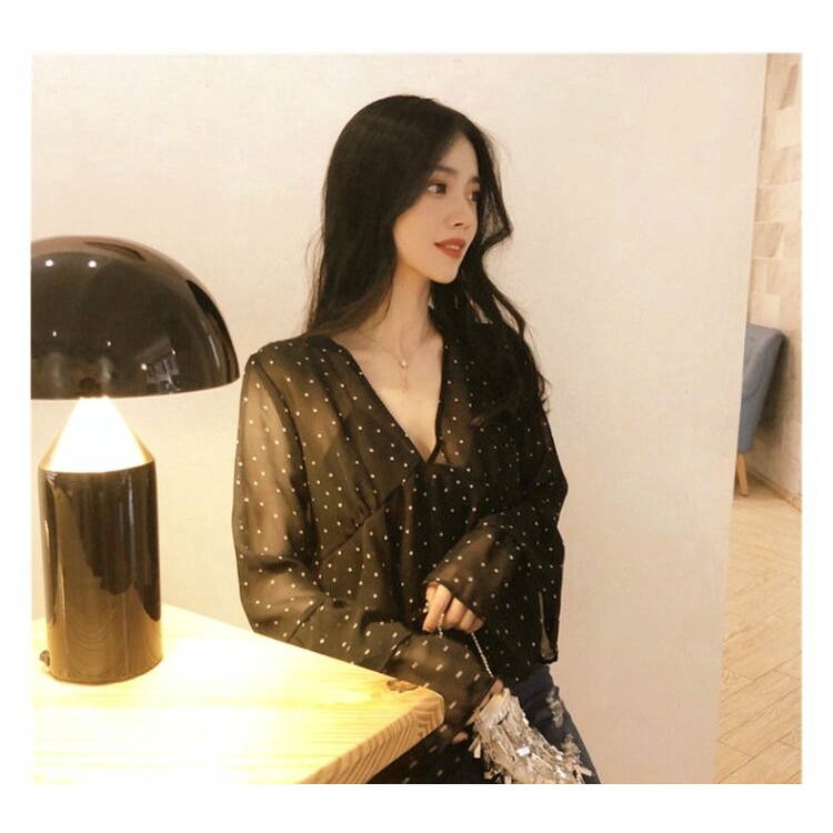 Áo SUXI tay dài in họa tiết chấm bi phong cách Hàn Quốc thời trang retro dành cho nữ