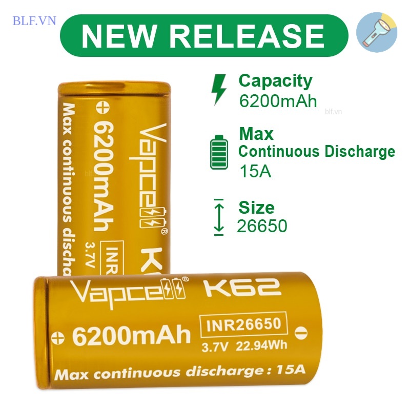 Pin sạc 26650 Vapcell K62 6200mAh 15A 3.6V 3.7v 4.2V INR Cao Cấp Li Ion